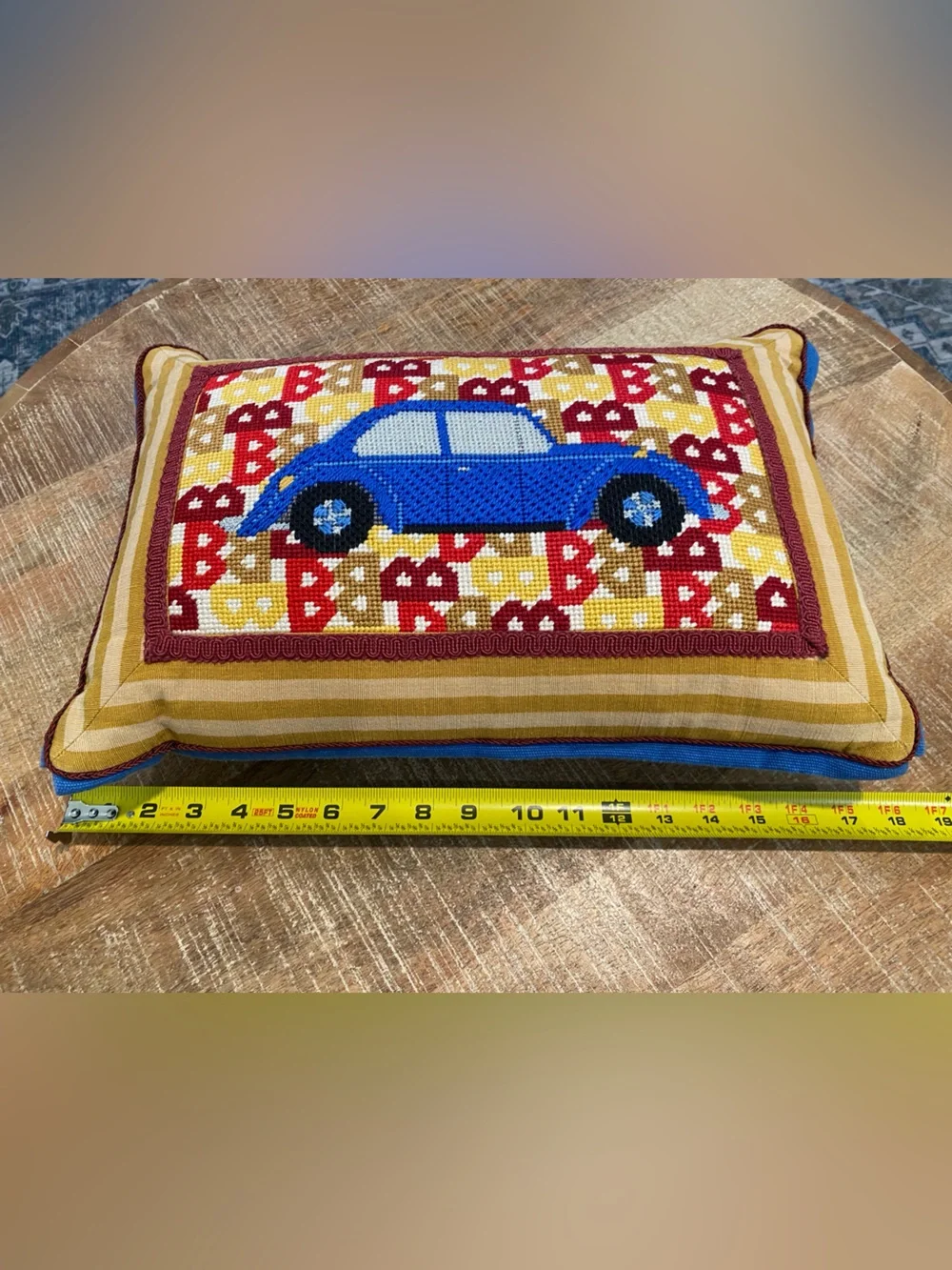 Handmade Blue VW Beetle Car Needlepoint Throw Pillow Goose Down Feather 18”x12”